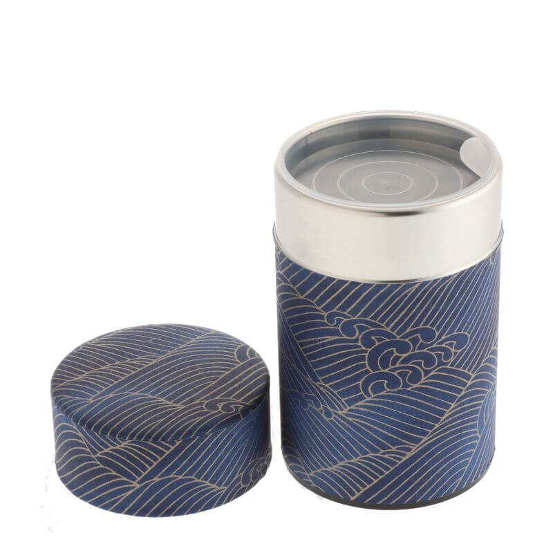 Washi Paper Japanese Tea Caddy - Blue & Gold Waves